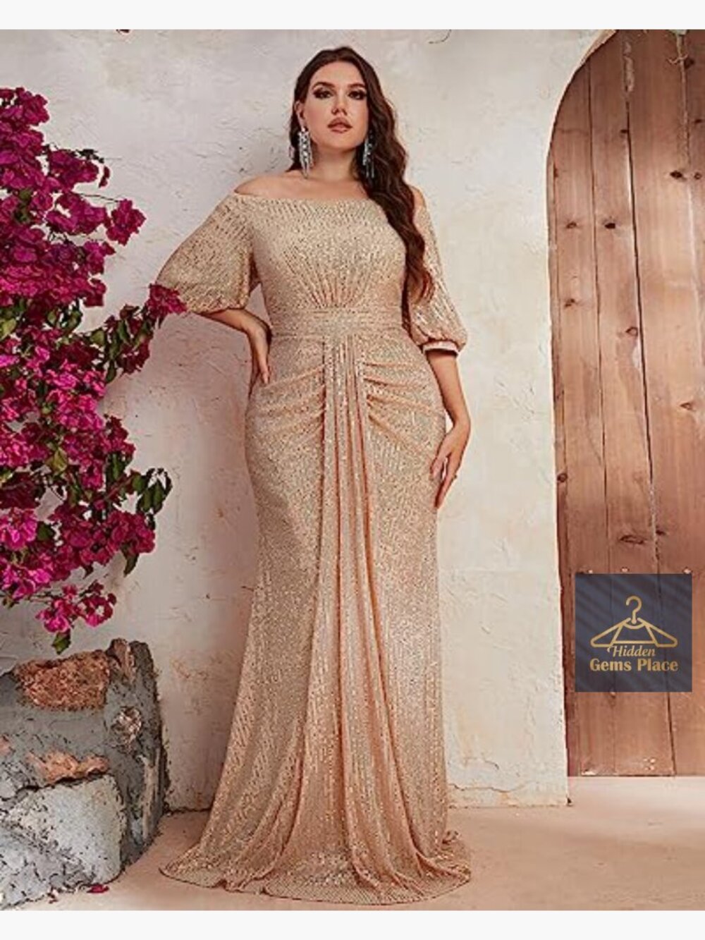 Plus Size Off Shoulder Puff Sleeve Sequin Maxi Dress Formal Evening Gown - Picture 2 of 6